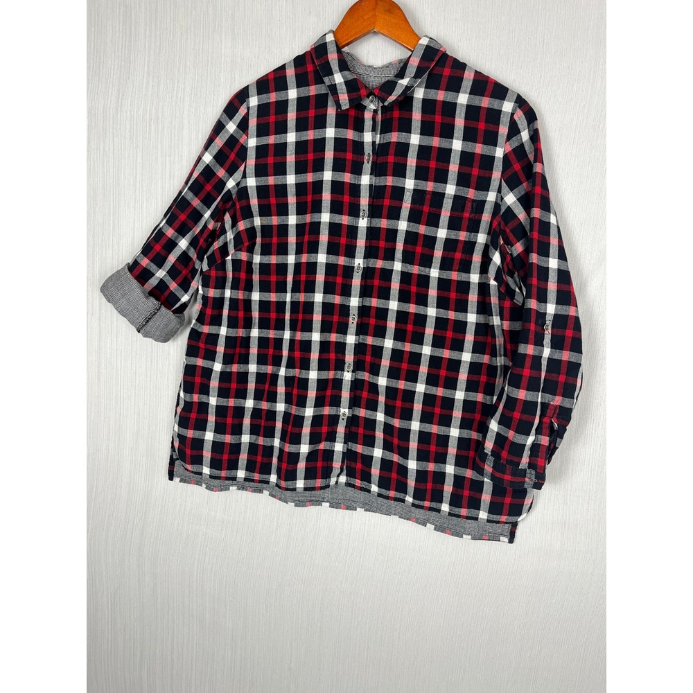 J. Jill‎ Button Down Women 1X Red Plaid Double Layer Flannel Cotton Gauze Shirt